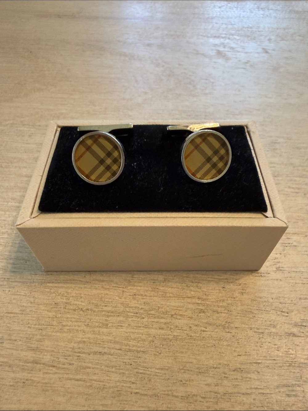 Burberry Yellow and Tan Plaid Round Cufflinks